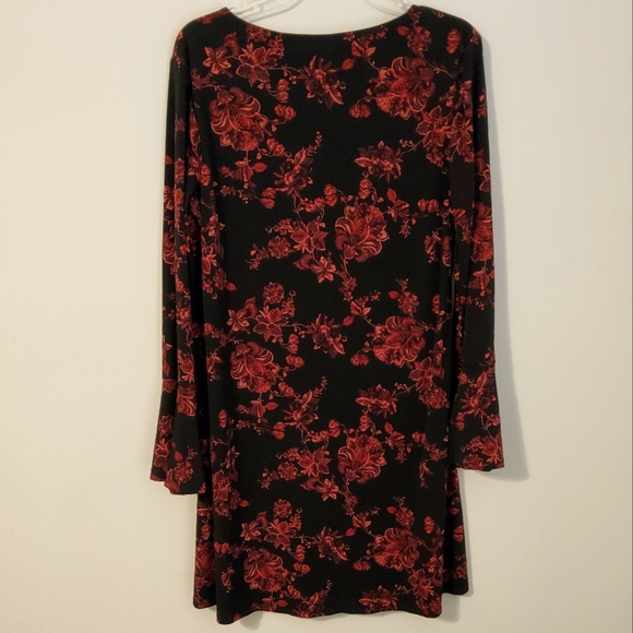 Connected Apparel Stretch Black/Burgundy/Red Long Flare Sleeve Shift Dress Sz 12 - Picture 5 of 10